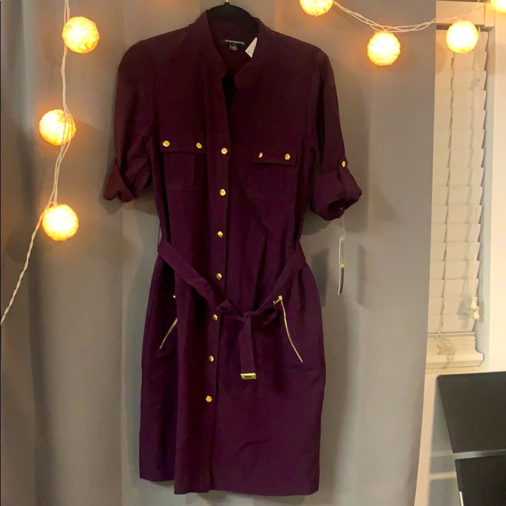 Sharagano Shirt Dress- Eggplant with Gold Accents